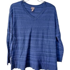 Chico's Blue Striped V-Neck Cotton Blend Sweater XL EUC